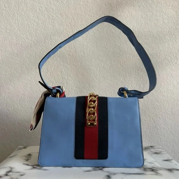 Gucci Sylvie Light Blue Crossbody Bag with Red and Gold Details - Picture 13 of 16